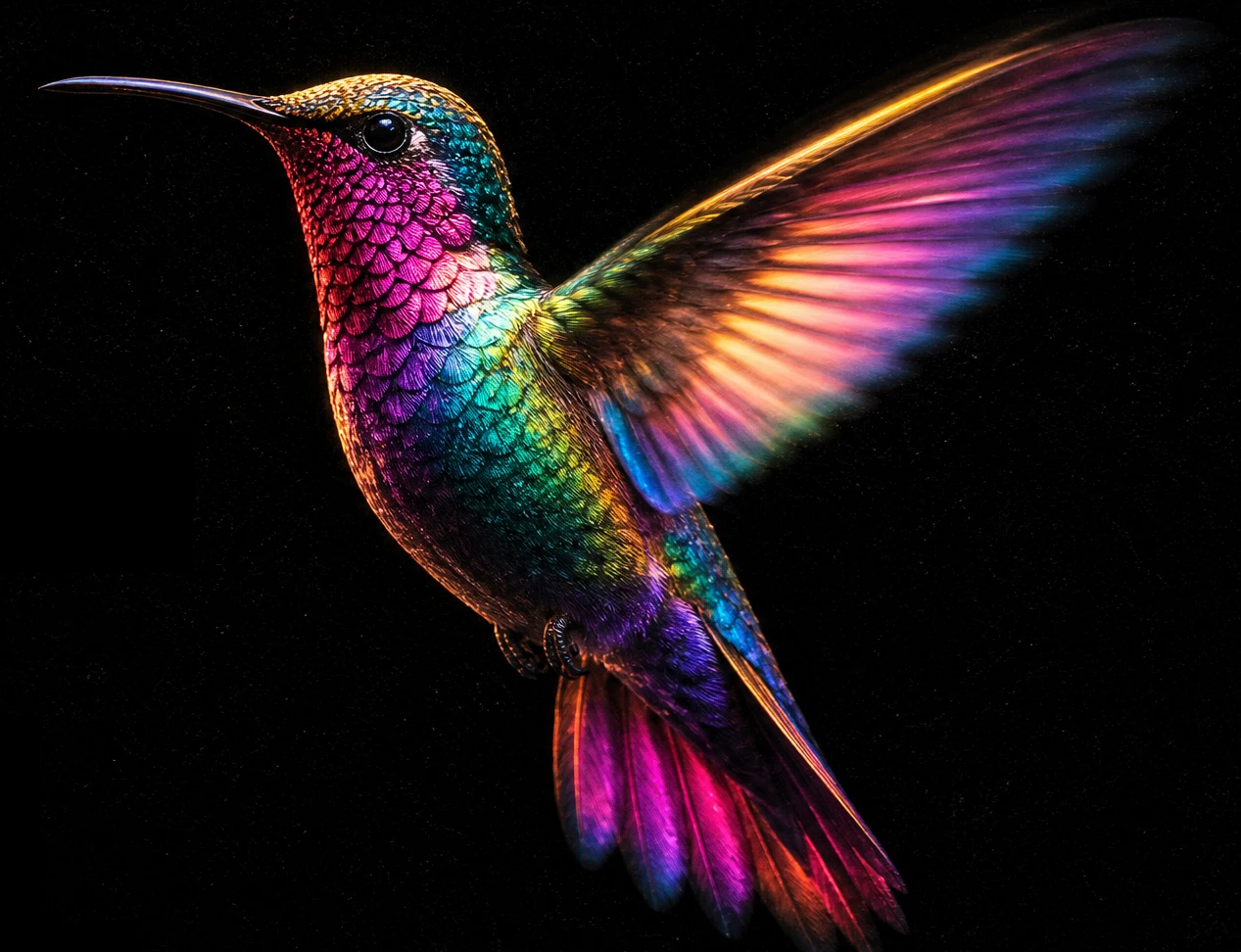 An iridescent hummingbird hovering, feathers in magenta, teal, gold and violet