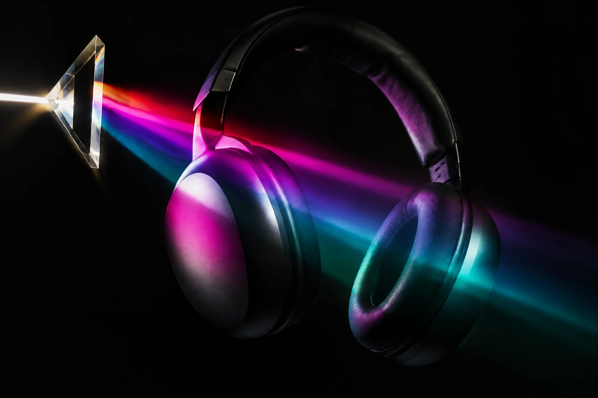 Black headphones crossed by a beam of light split by a prism into pink, violet and teal