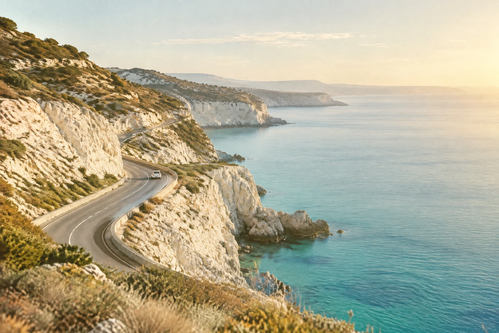 Coastal road winding along pale cliffs above a turquoise sea in early morning light