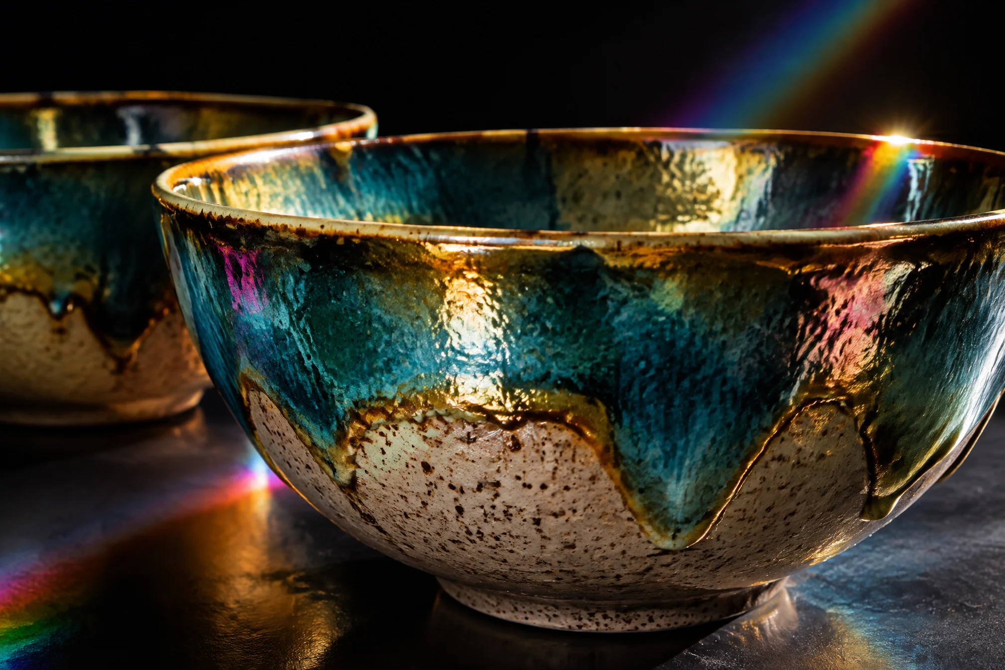 Glazed ceramic bowl with teal and gold glaze dripping over speckled clay