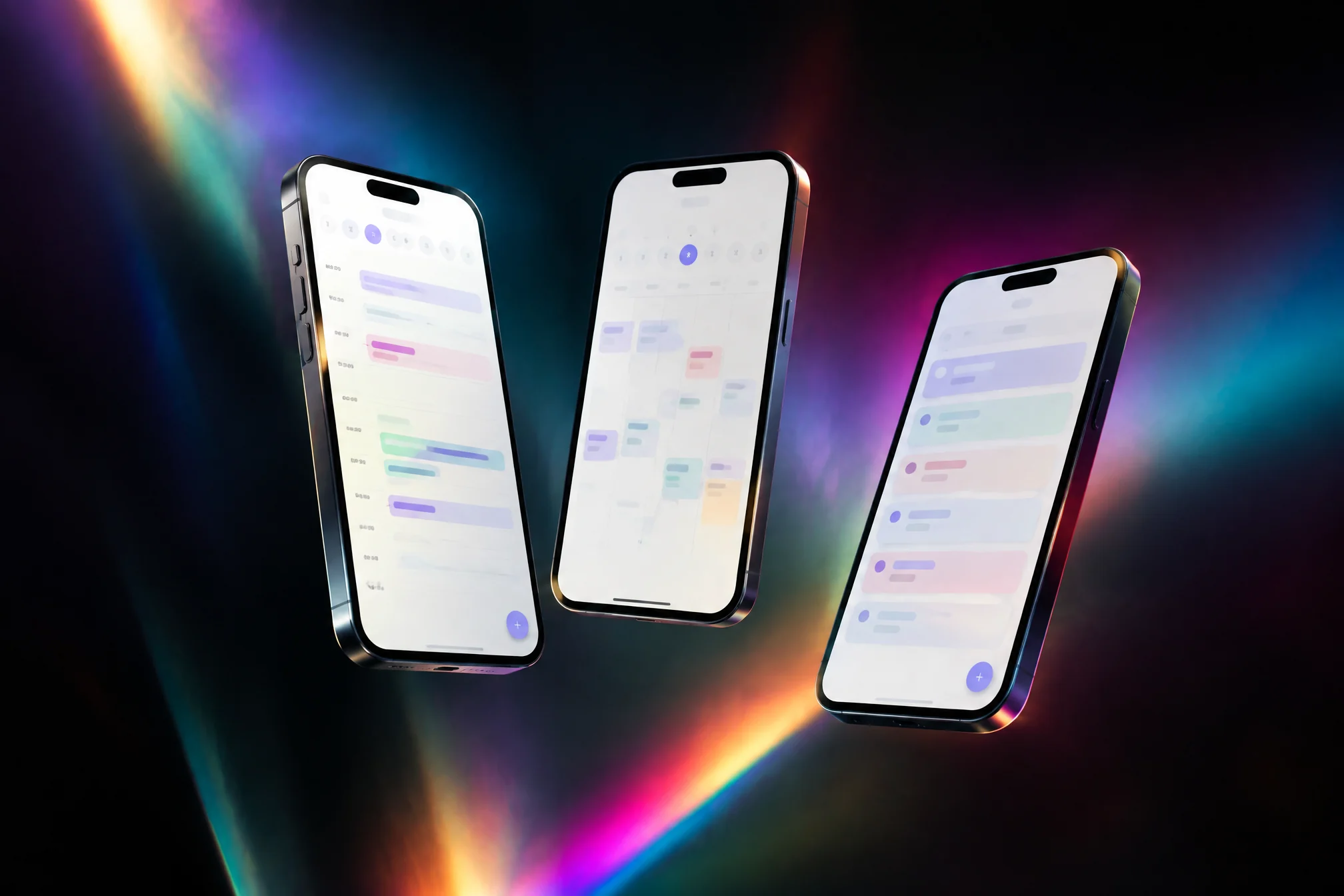 Three phones showing a calm scheduling app over a prismatic gradient