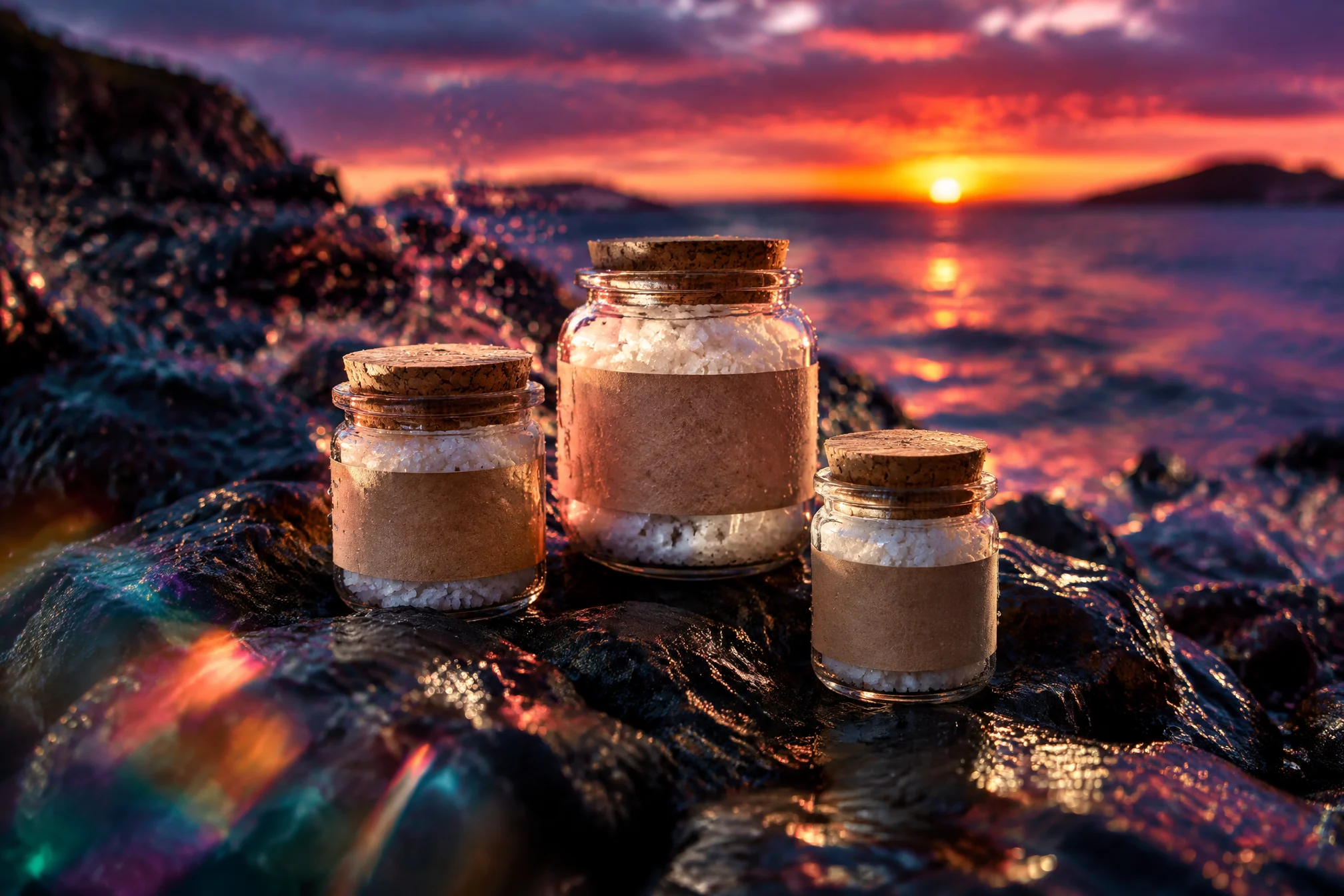 Jars of sea salt on wet black rocks with the bay glowing at dusk