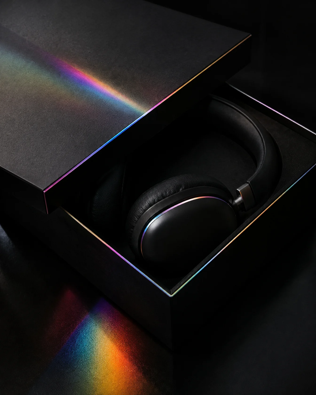 Black headphone box with a prismatic foil edge, lid half open