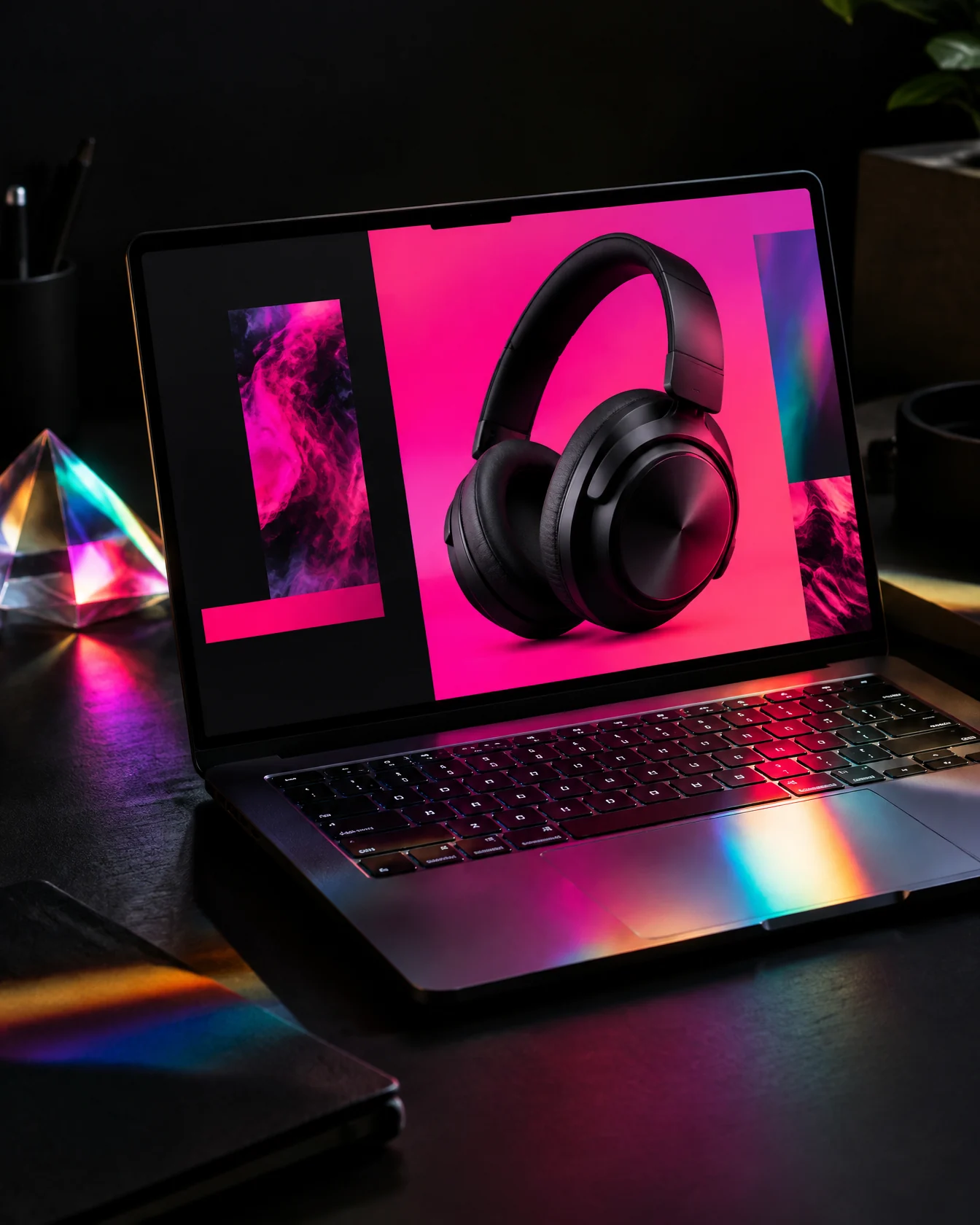 Laptop showing a hot pink headphone product page on a dark desk