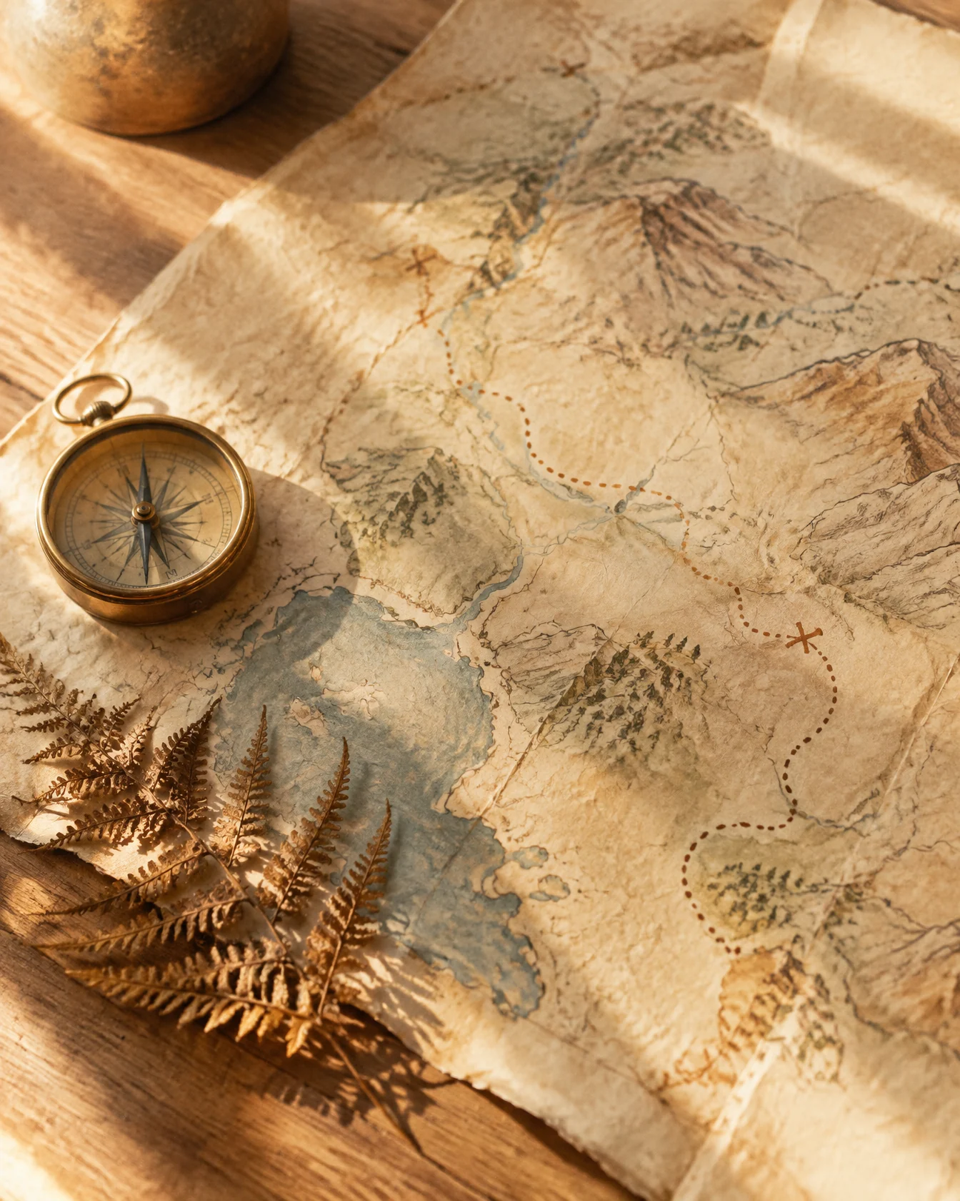 Sun-bleached map with dotted route lines, a brass compass and a dried fern