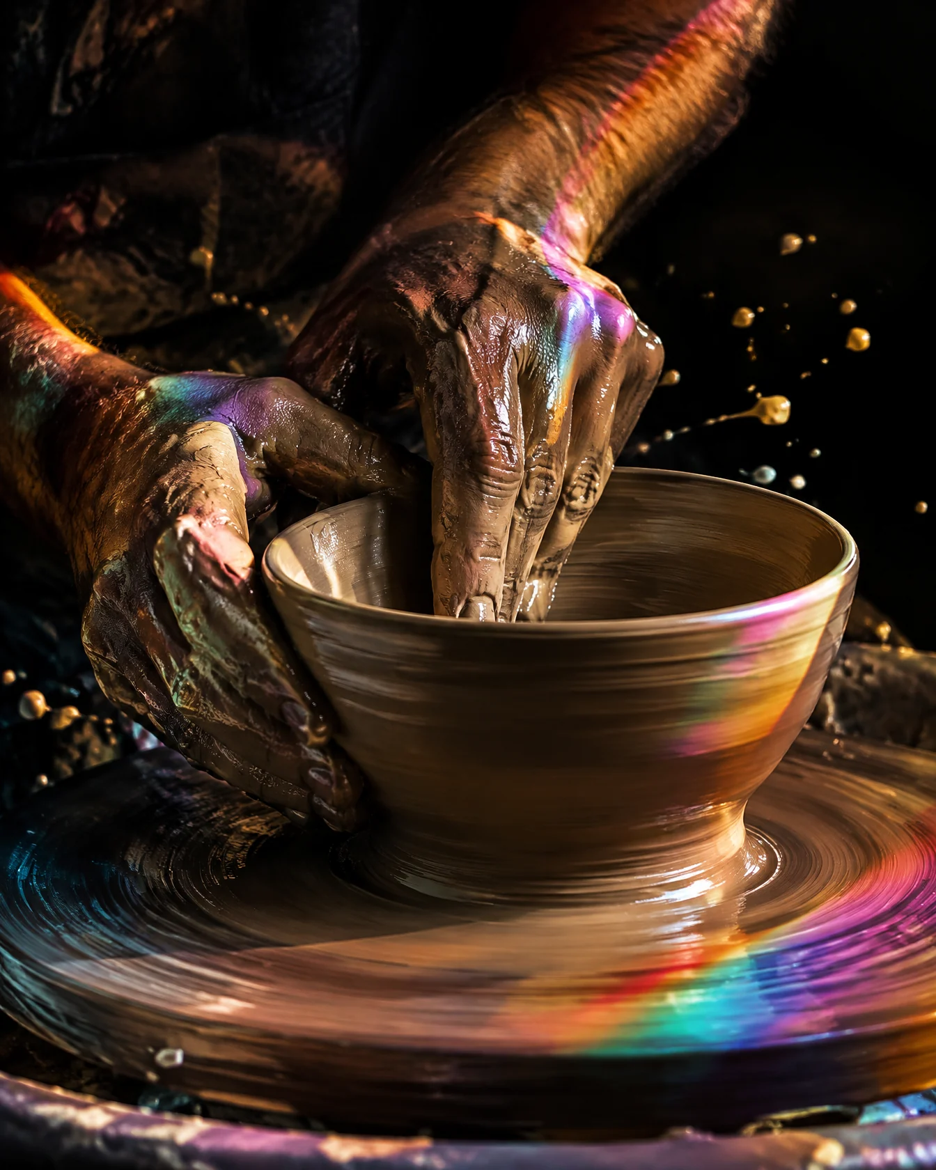 Clay-covered hands shaping a bowl on a potter's wheel