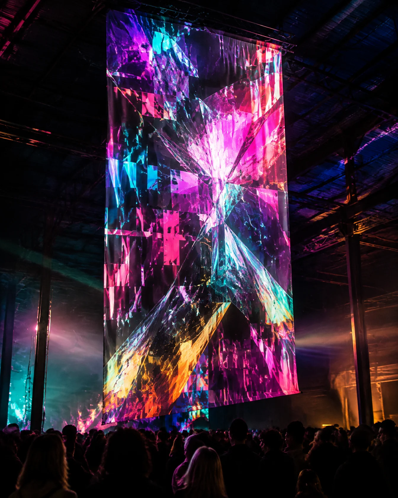 Huge neon pixel-art banner hanging in a dark warehouse above a crowd