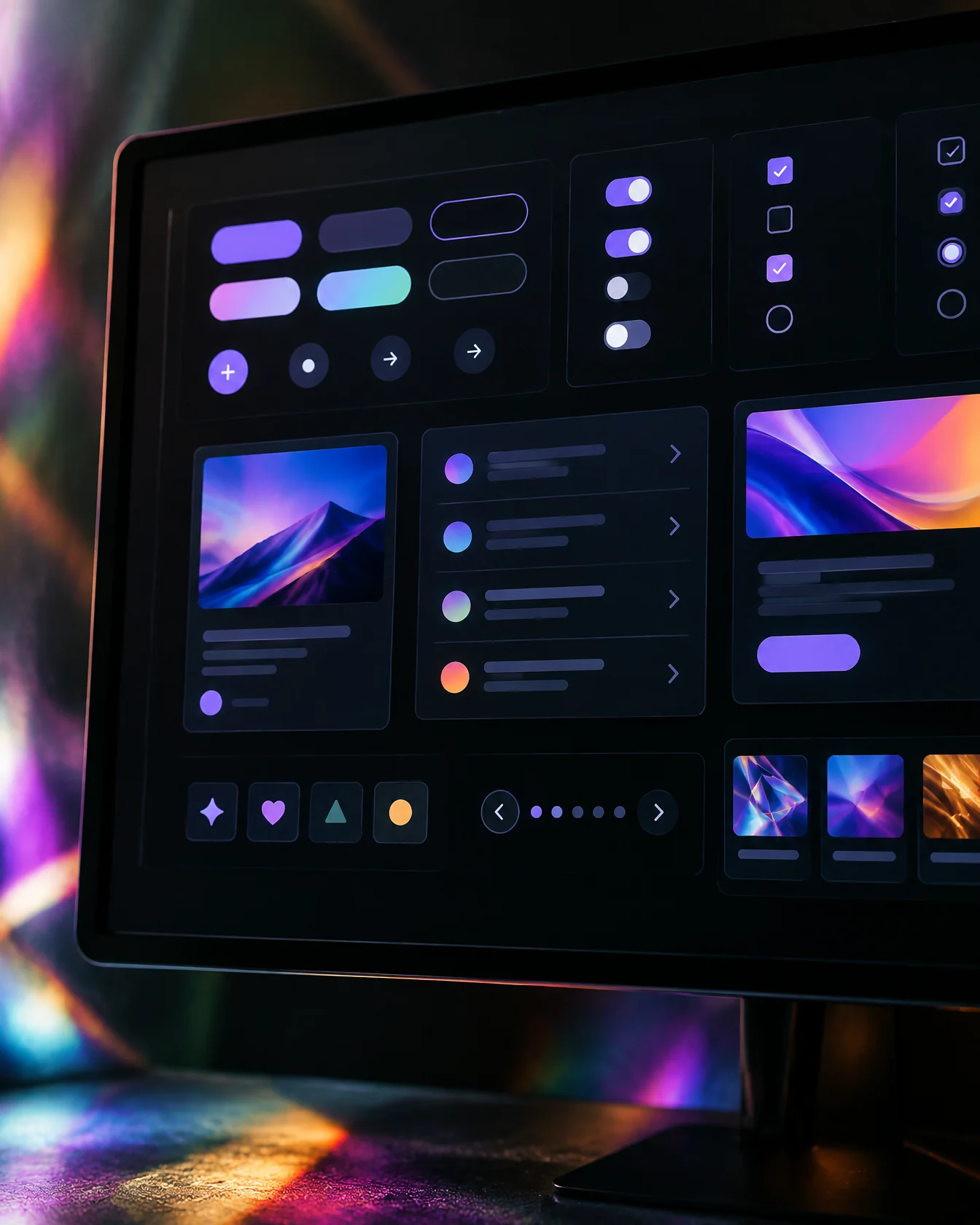 Monitor showing a grid of interface components in violet and pastels