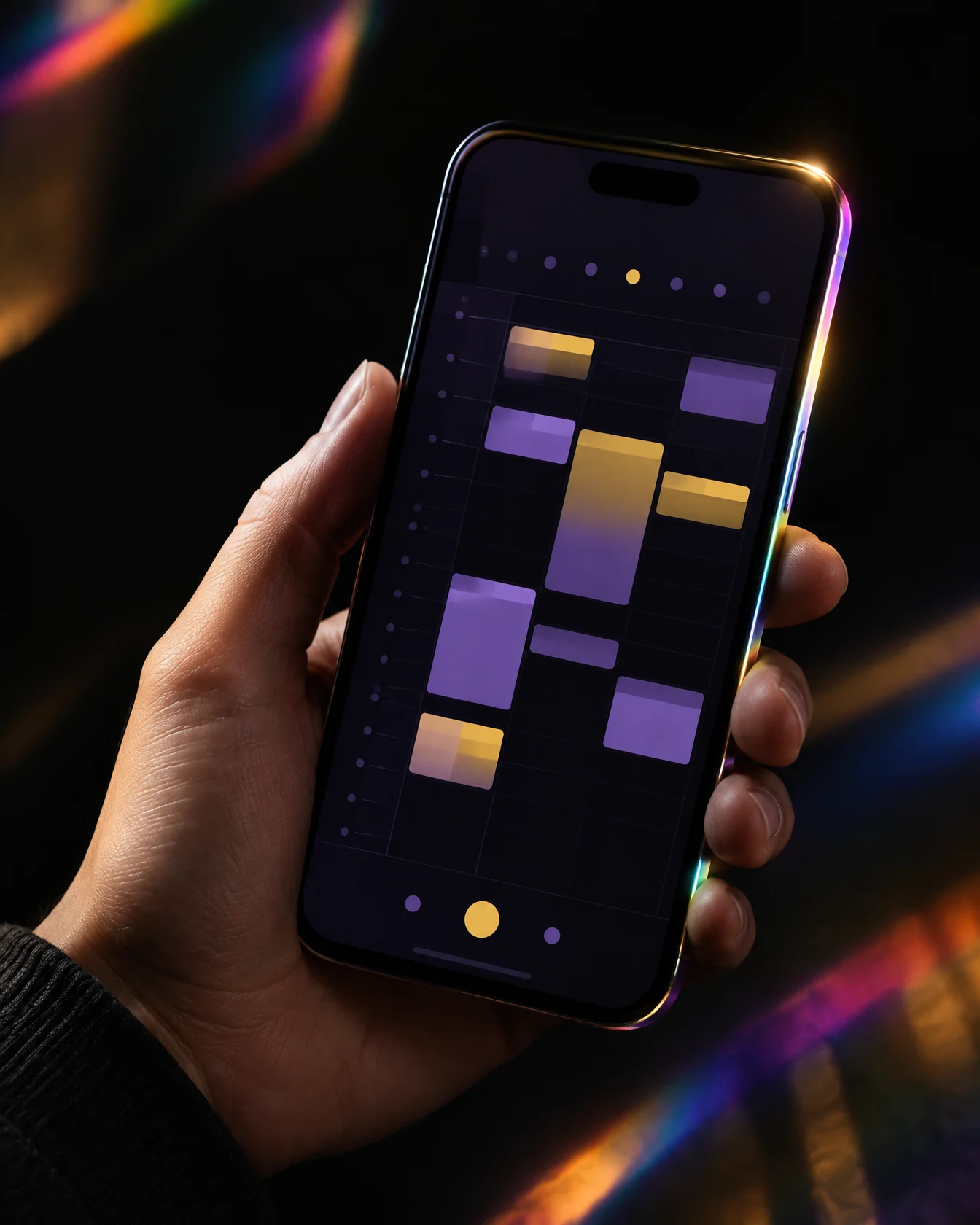 Hand holding a phone with a violet and gold calendar app