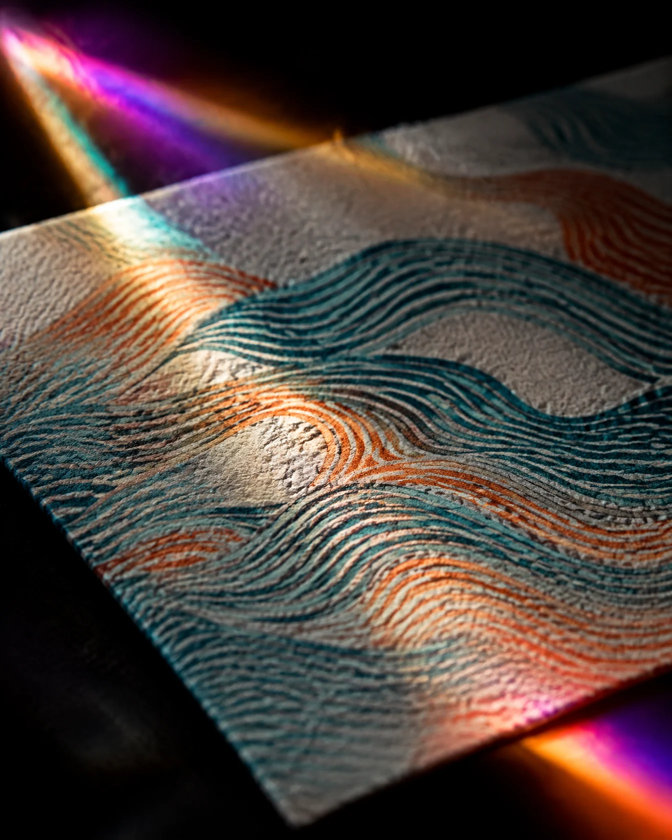 Printed wave-line pattern in teal and ember ink on textured paper