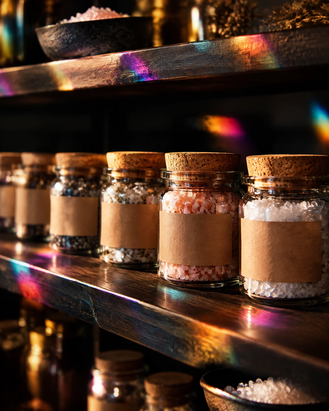 Deli shelf lined with small jars of sea salt in warm light