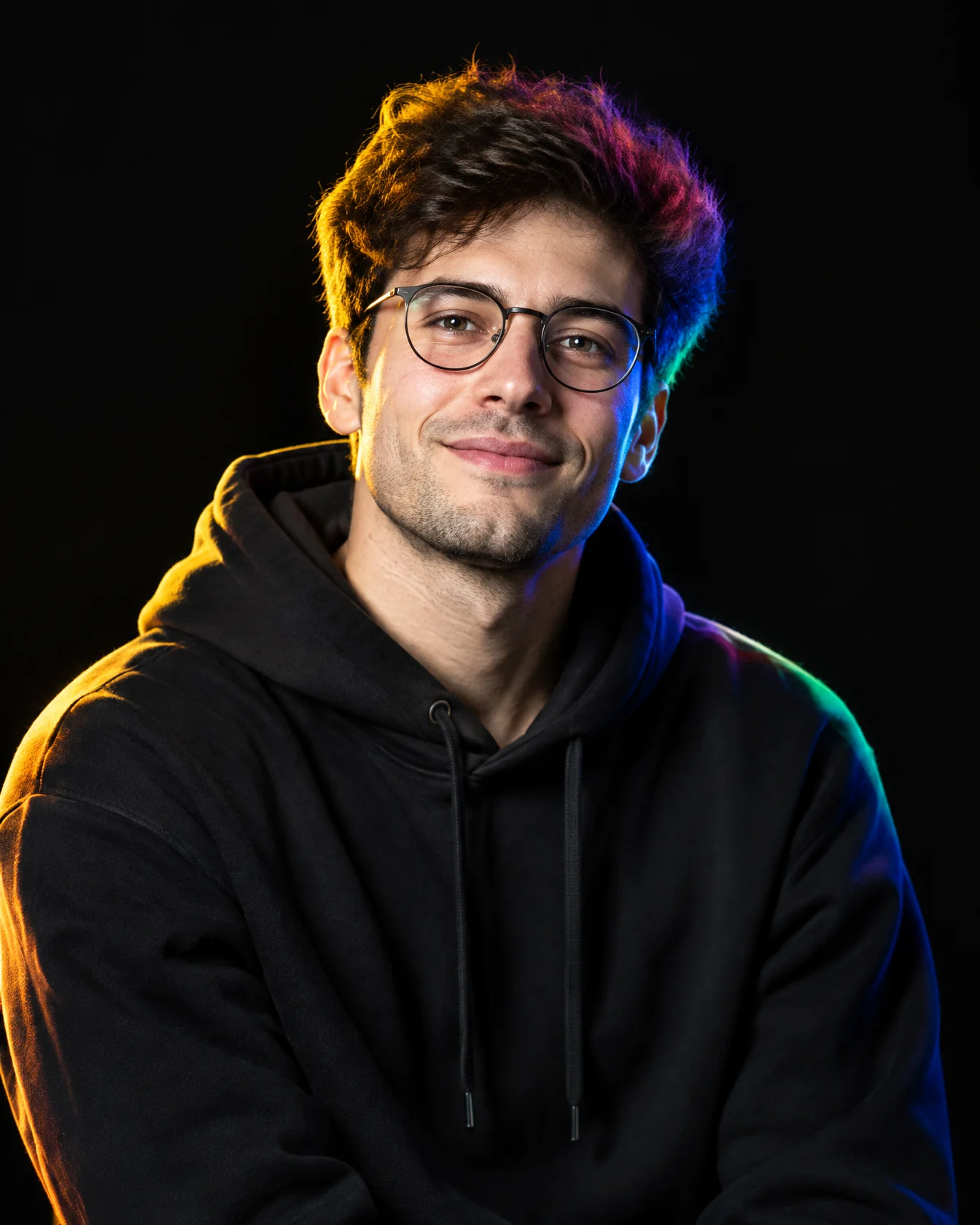 Developer in round glasses and a dark hoodie, gold rim light
